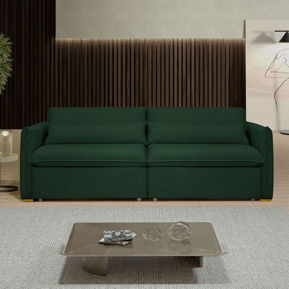 Sofá Cama 3 Lugares Aurora Retrátil Veludo Verde - Celflex