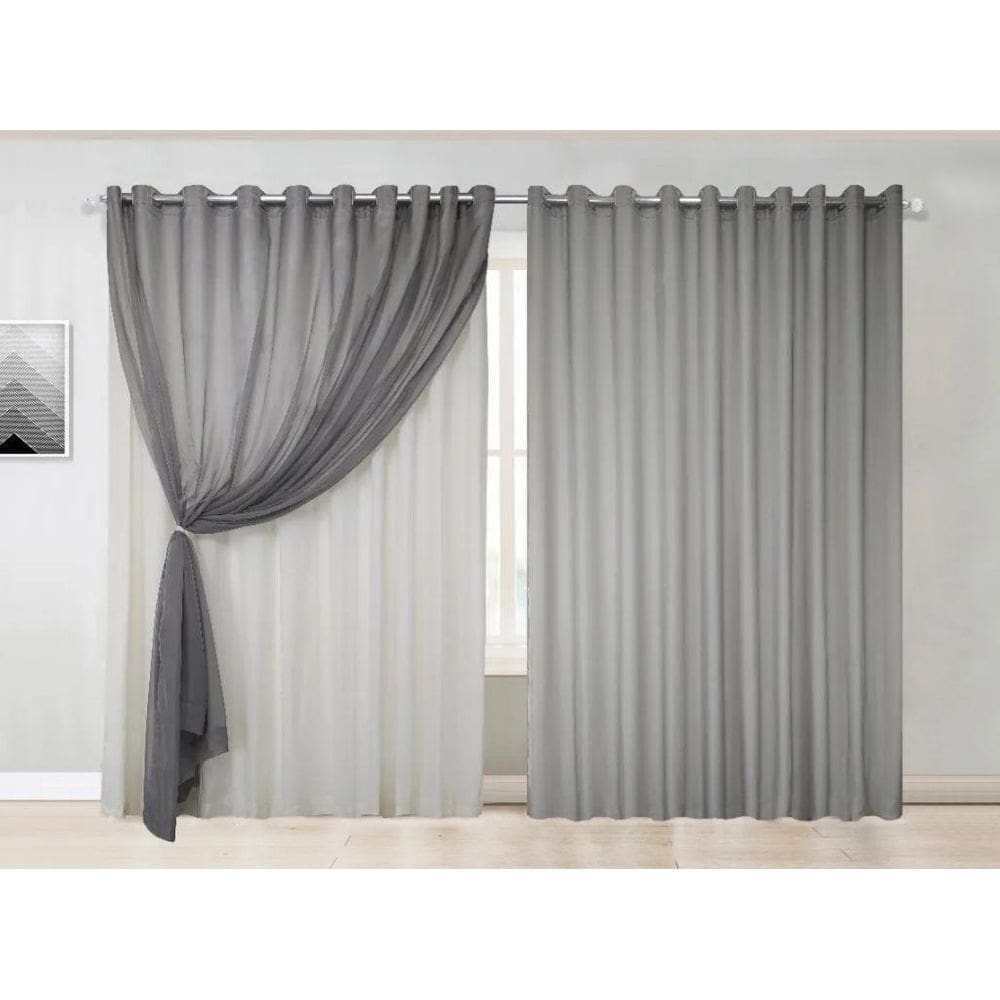 Cortina Quarto Voal Liso Cinza Com Forro Branco 3,00X2,20M