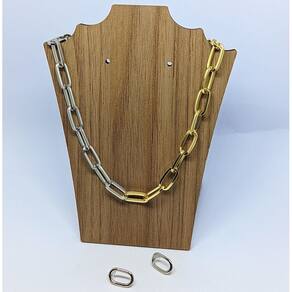 Kit Conjunto Colar Choker e Par Brincos Corrente Elos Grosso Retangular Folheado Ouro Mix Dois Banhos Dourado com Prata