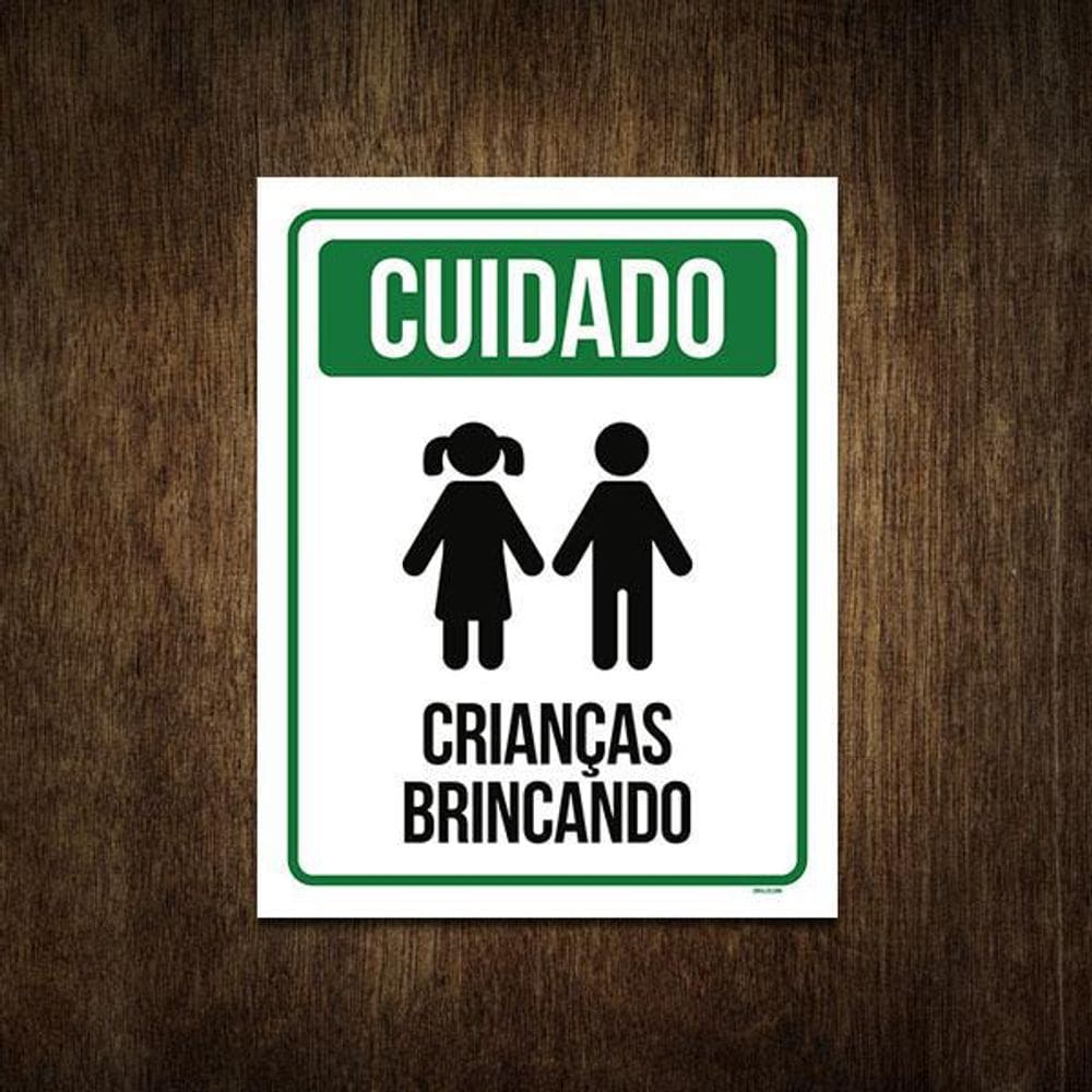 Placa De Sinalização - Cuidado Crianças Brincando 18X23