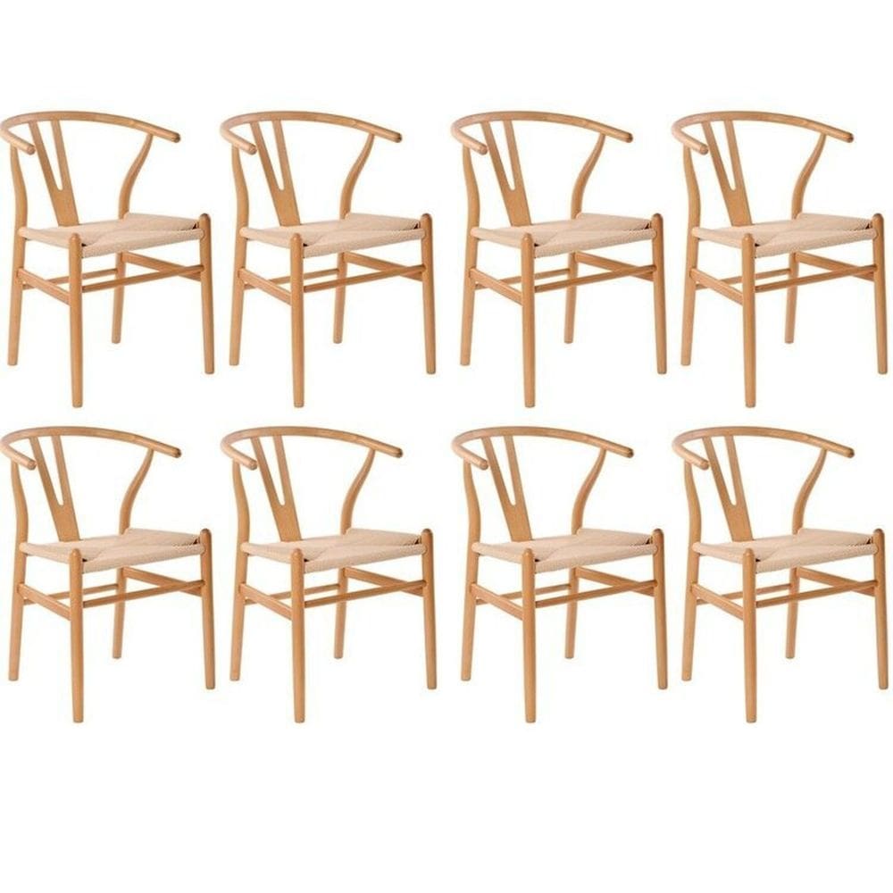 Kit com 8 Cadeiras para Sala de Jantar Wishbone Madeira Maciça Madeira Clara