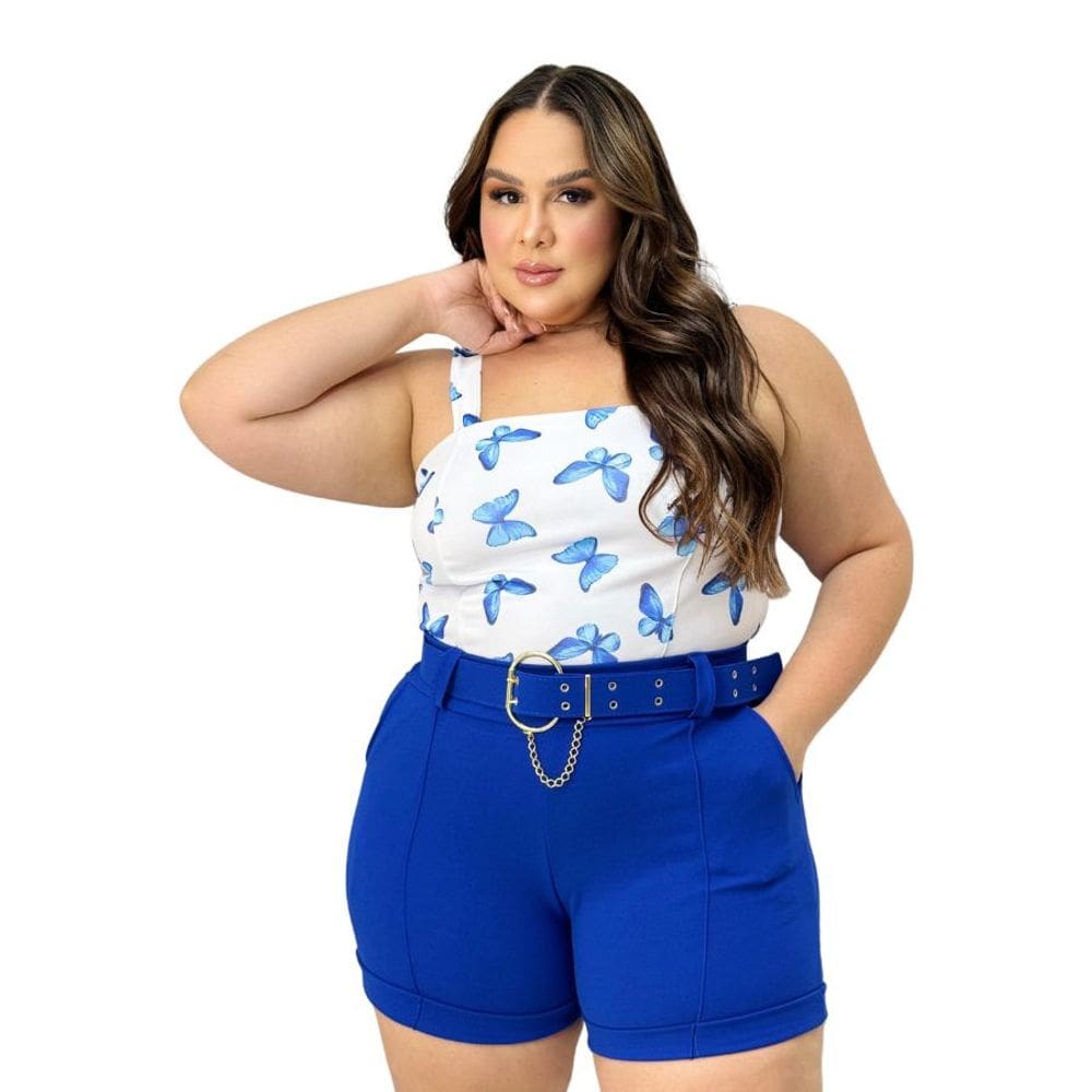 Conjunto Plus Size Cropped Borboleta + Short Com Cinto 0570