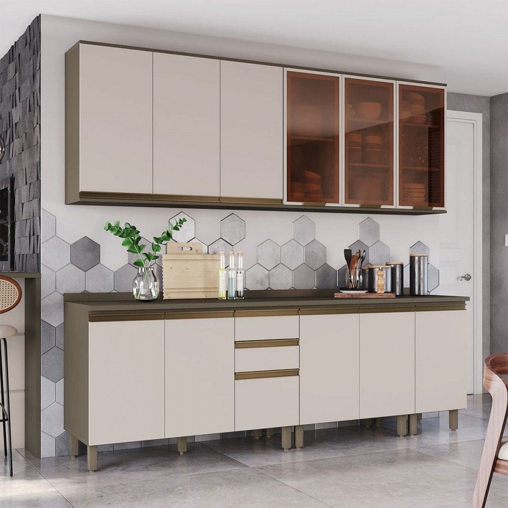 Cozinha Compacta Reflecta 12 Portas 2 Gavetas com Vidro 100% Mdf Duna/Cristal - Henn
