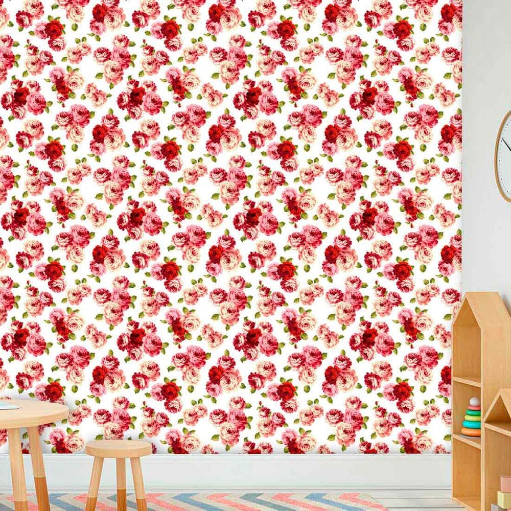 Papel de Parede Adesivo Lavável Floral Rosadas e Vermelhas