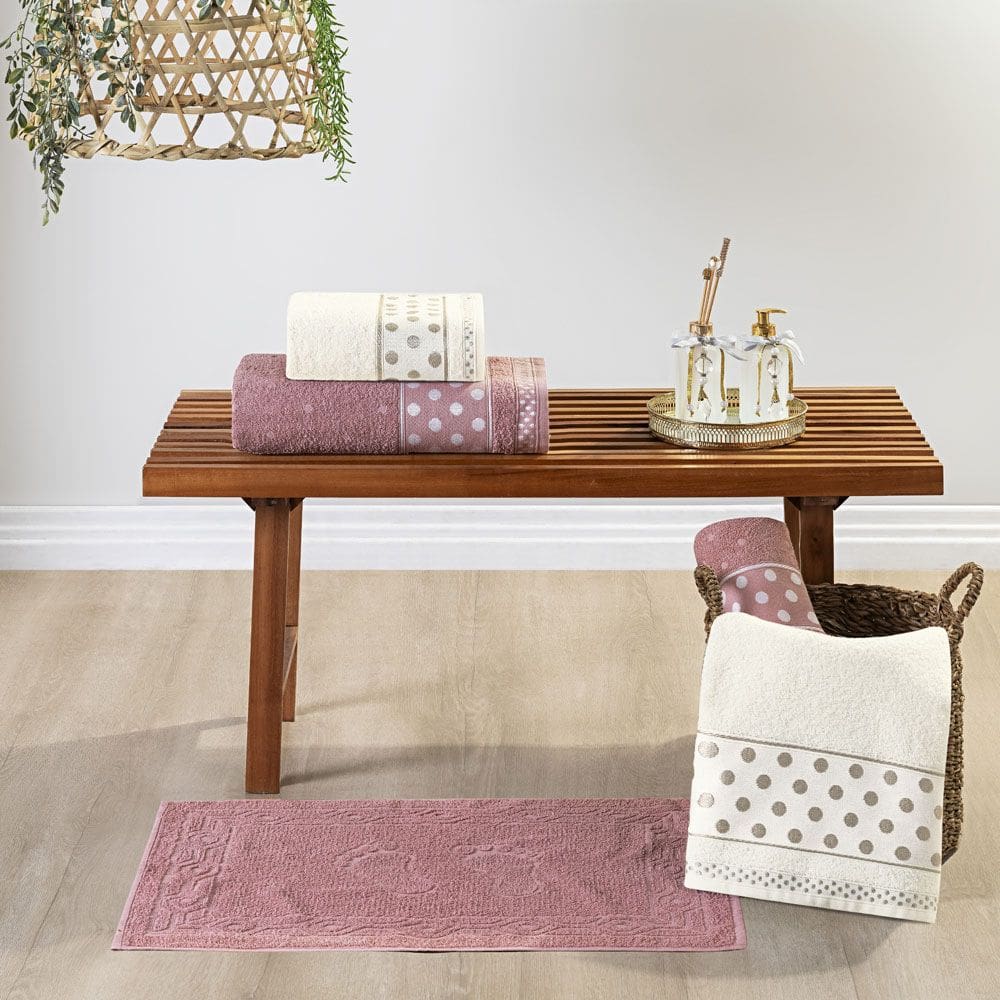 Jogo de Banho Meggy Poá Bolinhas Toalhas Macias 100% Algodão 5 Peças - Rosê e Pérola