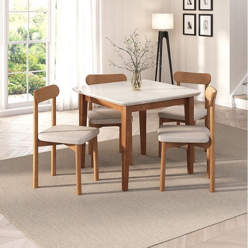 Kit Mesa de Jantar Tangará 95cm e 4 Cadeiras Pitanga Cabecasa Madeiramadeira Caramelo/Offwhite/Cinza