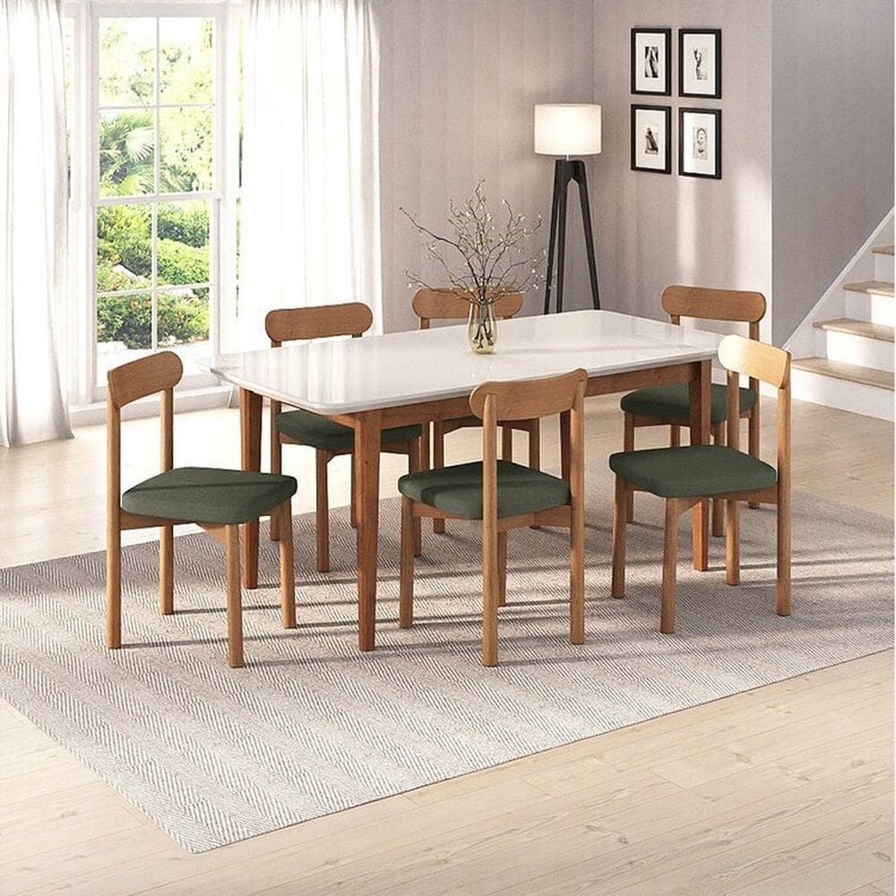 Kit Mesa de Jantar Tangará 180cm e 6 Cadeiras Pitanga Cabecasa Madeiramadeira Caramelo/Offwhite/Verde