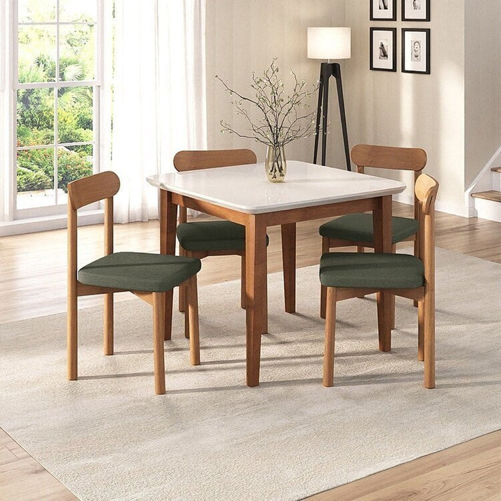 Kit Mesa de Jantar Tangará 95cm e 4 Cadeiras Pitanga Cabecasa Madeiramadeira Caramelo/Offwhite/Verde