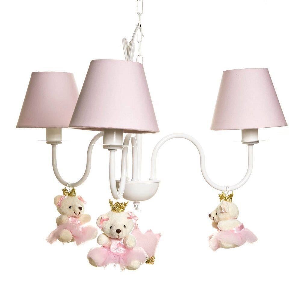 Lustre 3L Simples Com 3 Ursinhas Princesas Quarto Bebê