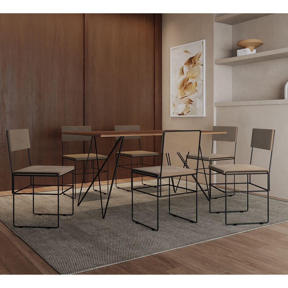 Mesa Jantar Retangular Industrial Trama 1,50x0,90m Amêndoa 6 Cadeiras Estofadas Bege e Preto Vitória