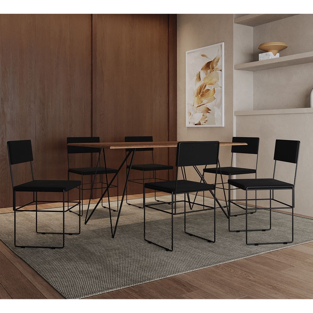 Mesa Jantar Retangular Industrial Trama 1,50x0,90m Amêndoa com 6 Cadeiras Estofadas Vitória Preta