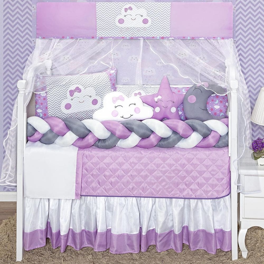 Jogo Enxoval De Berço Feminino Lilás Trança Lateral 12P