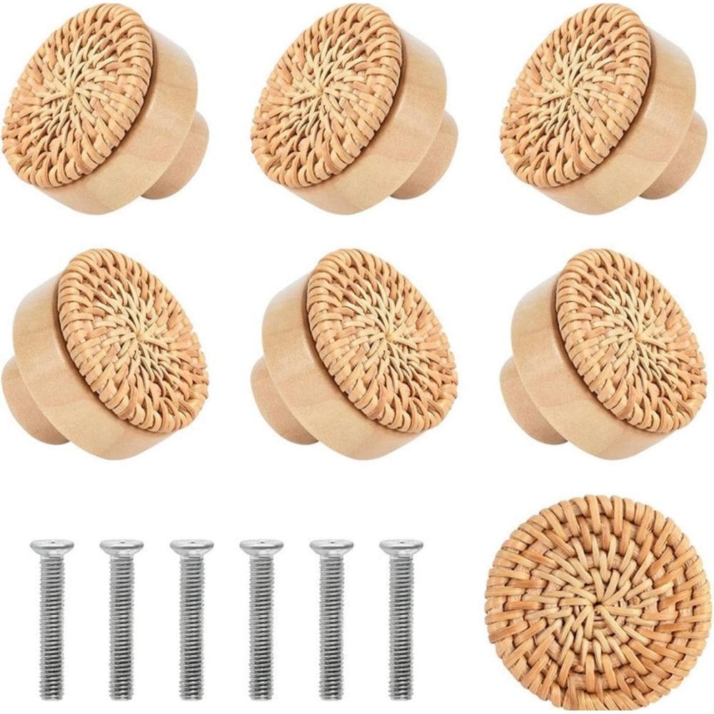 Kit 4 Puxadores Armário Gaveta Rattan Ecológico Madeira Boho