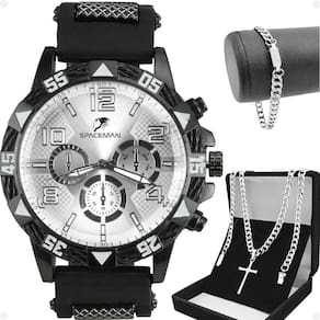 Relogio Masculino Aço Inox + Cordão Crucifixo + Pulseira Preto Spaceman Cruz Fina
