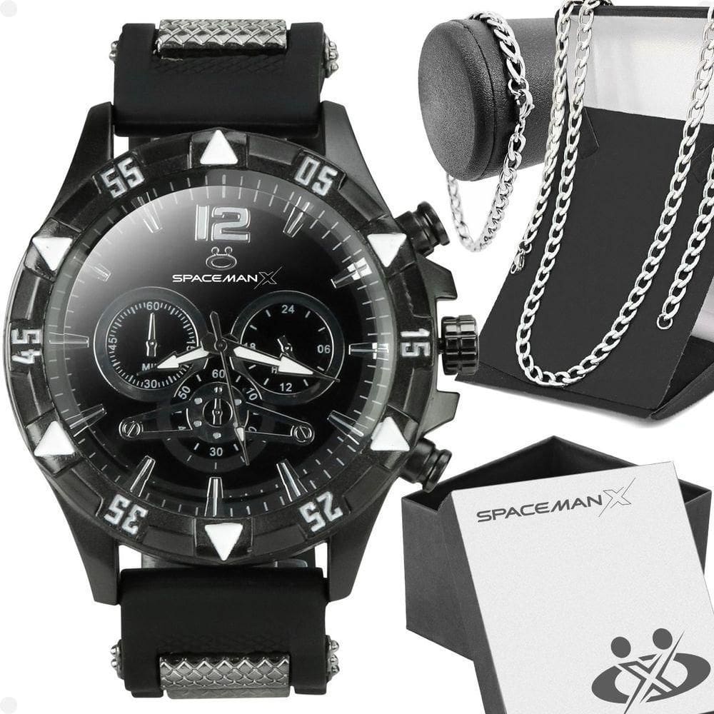Relogio Masculino Preto + Pulseira + Cordão Prata Grumet