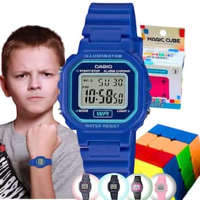 Kit Relógio Casio Infantil Meninas Meninos Digital Resistente Agua Pequeno Alarme Preto LA-20WH + Cubo Magico