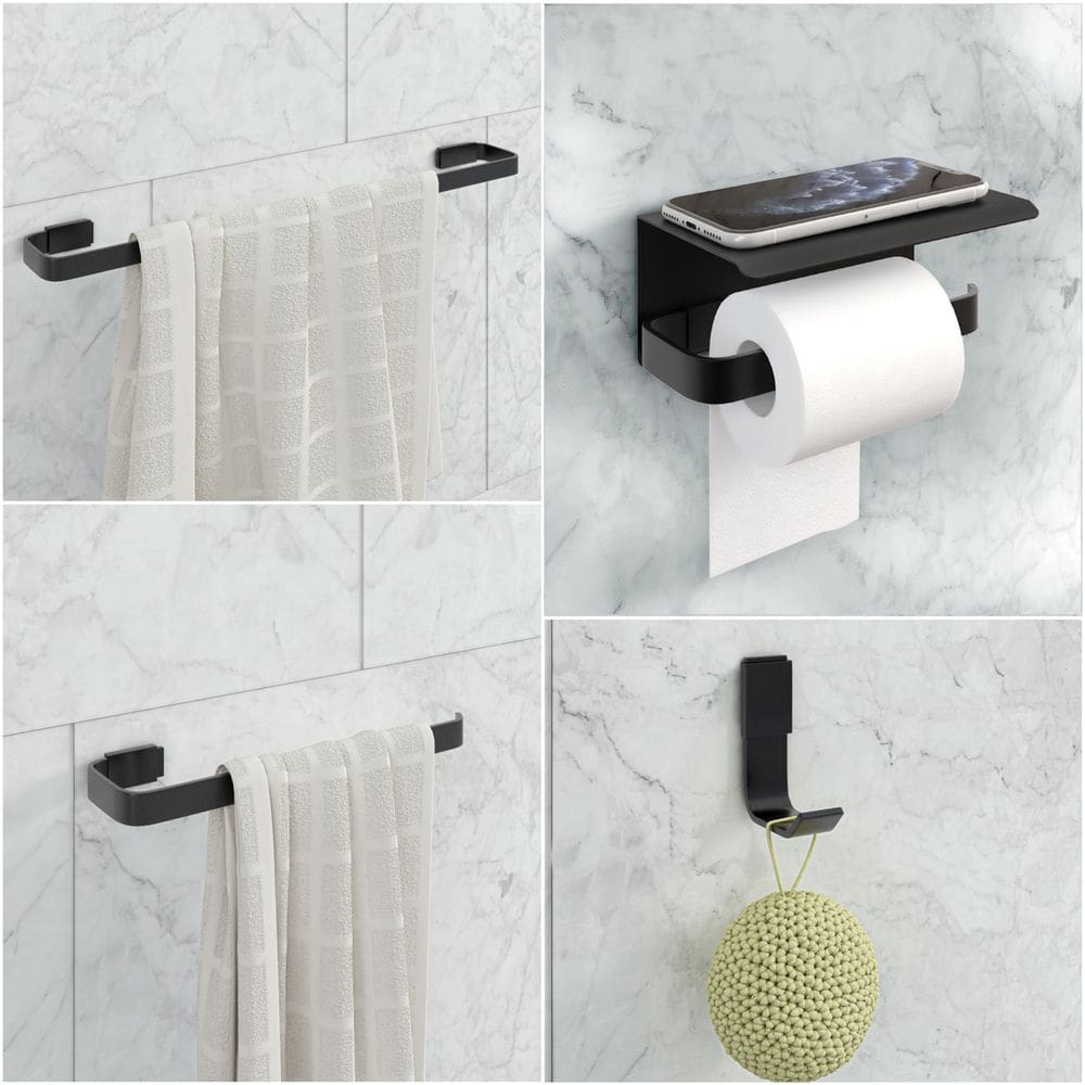 Kit Acessório Para Banheiro Preto 4 Peças C/Suporte Celular