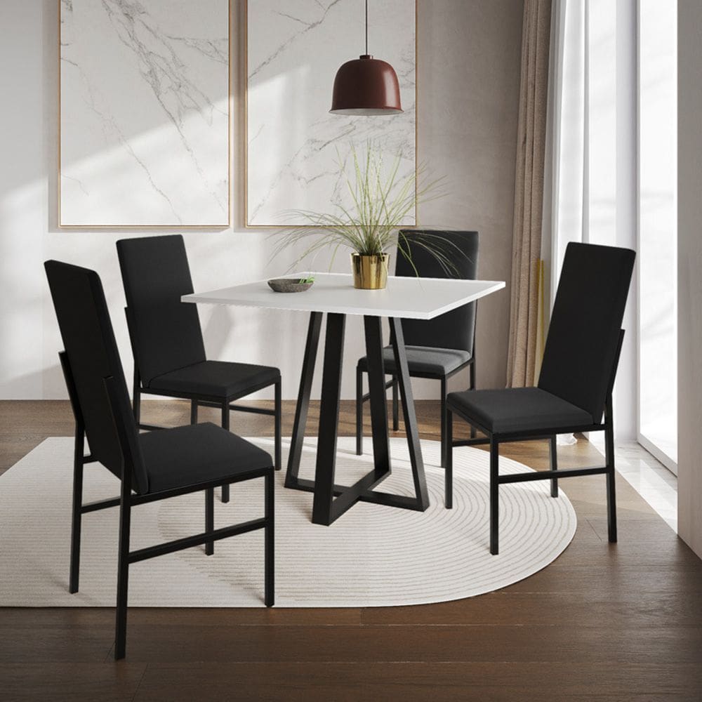 Conjunto de Jantar Mesa Mônaco Premium 90cm Branca com 4 Cadeiras Estofadas Pretas  