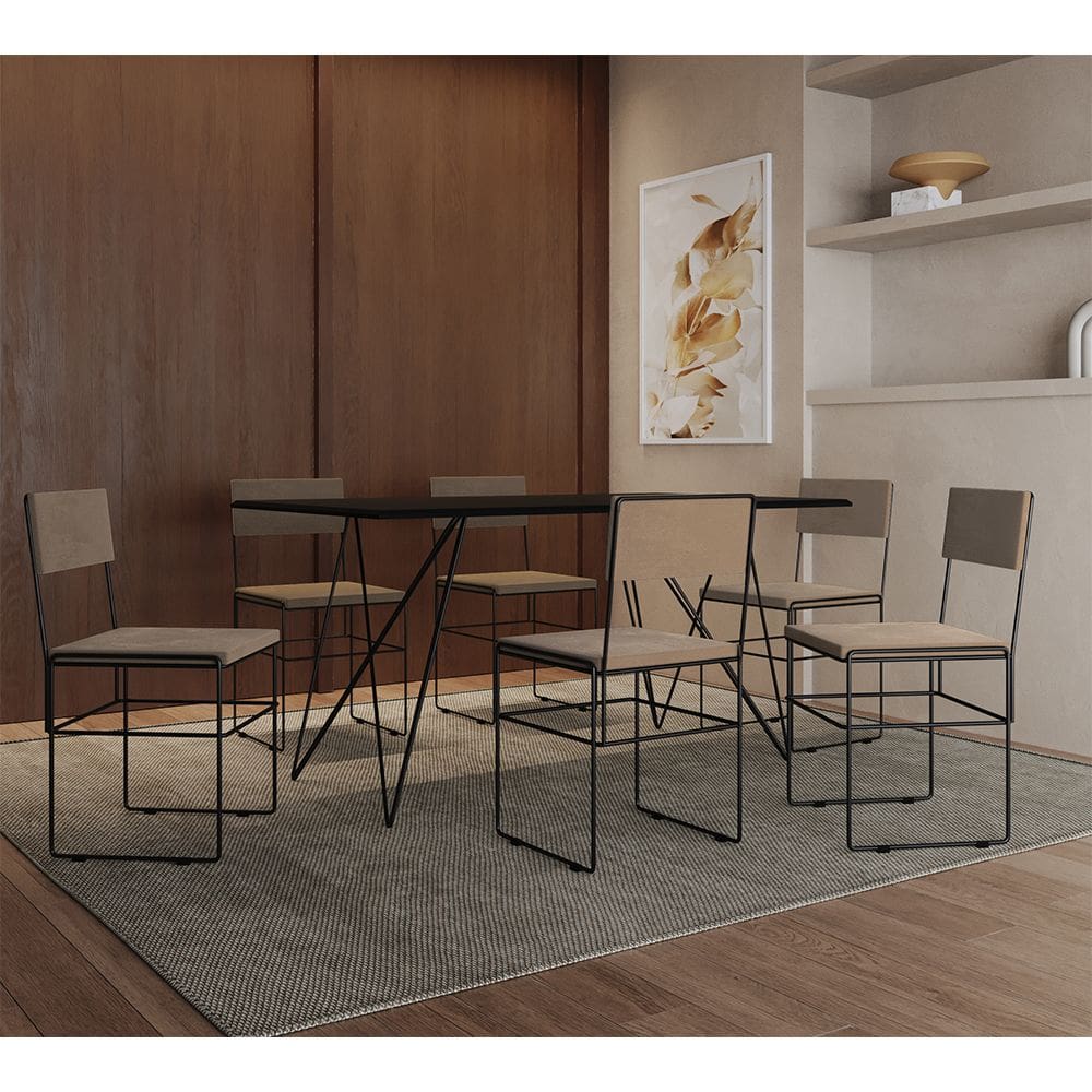 Mesa Jantar Retangular Industrial Trama 1,50x0,90m Preta com 6 Cadeiras Estofadas Bege e Preta Vitór