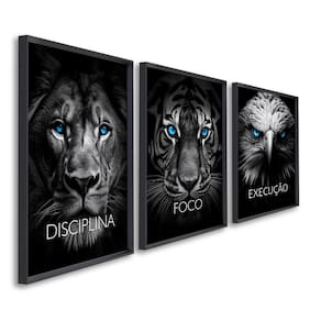 Quadro Decorativo Disciplina Foco Execução 60x90cm Leão Tigre Águia para Sala, Escritório, Hall Preto