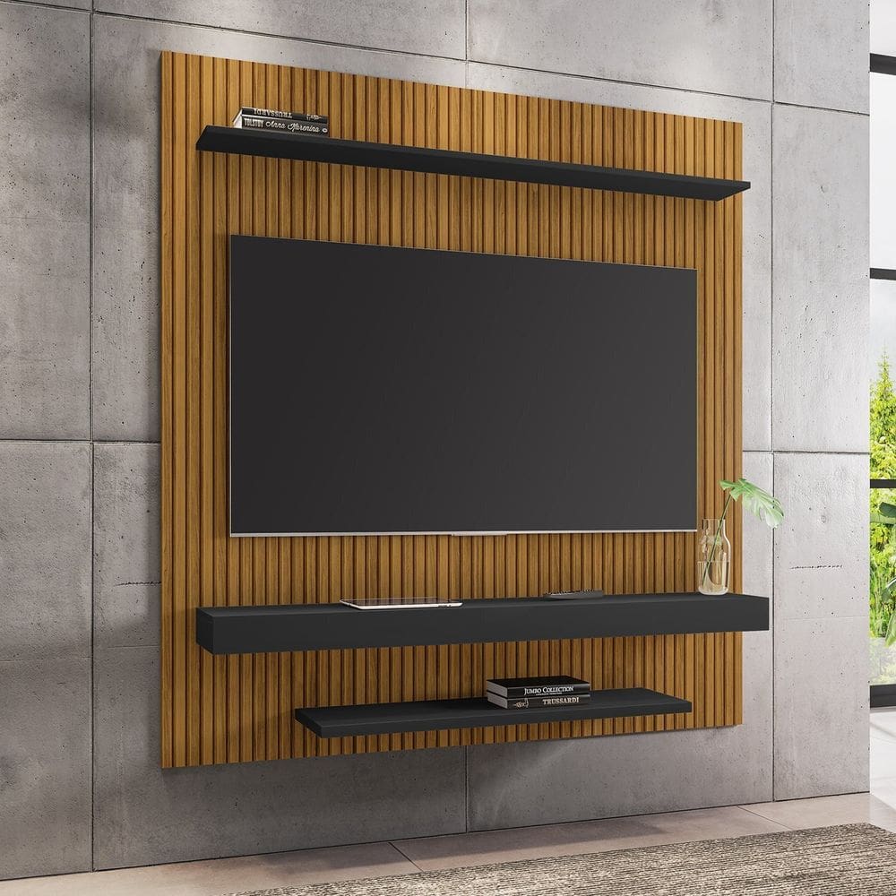 Painel para Tv até 60 Polegadas 2 Prateleiras Leme Ripado/Preto
