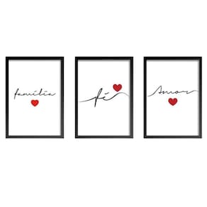 Conjunto Quadros Decorativos Fé Amor Família Com Vidro A4