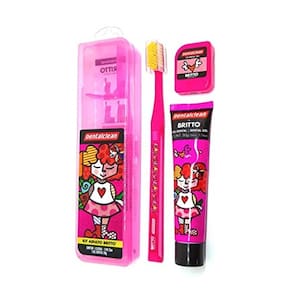 Kit Romero Britto Rosa Estojo Escova Fio E Creme Dental