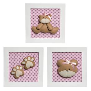 Trio De Quadros Ursa Quarto Bebê Infantil Menina