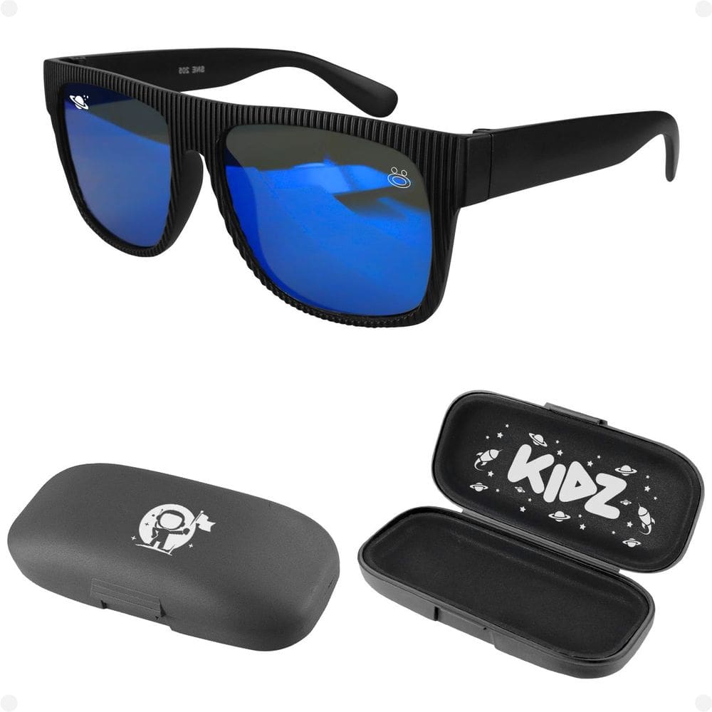 Óculos Sol Infantil Proteção UV Vintage Preto Criança + Case Verão Menino Lente Azul Presente Casual