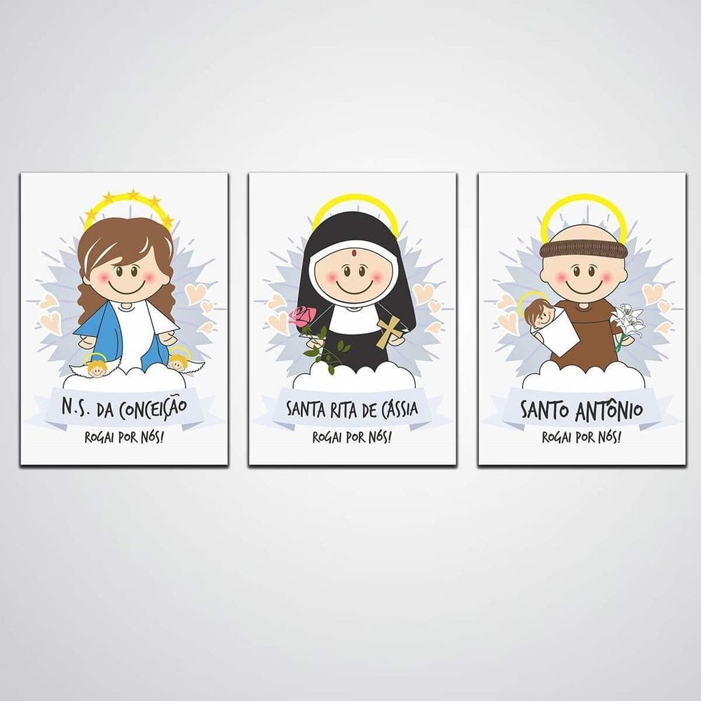 Quadro Decorativo 3 Peças Santos Feitos Em Madeira