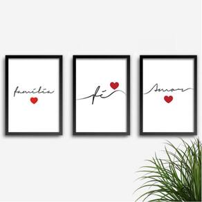 Conjunto Quadros Decorativos Fé Amor Família com Vidro A4
