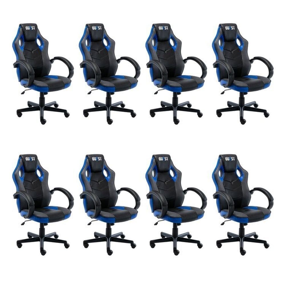 Kit 8 Cadeiras Gamer Giratória Regulavel Quest Preto/Azul