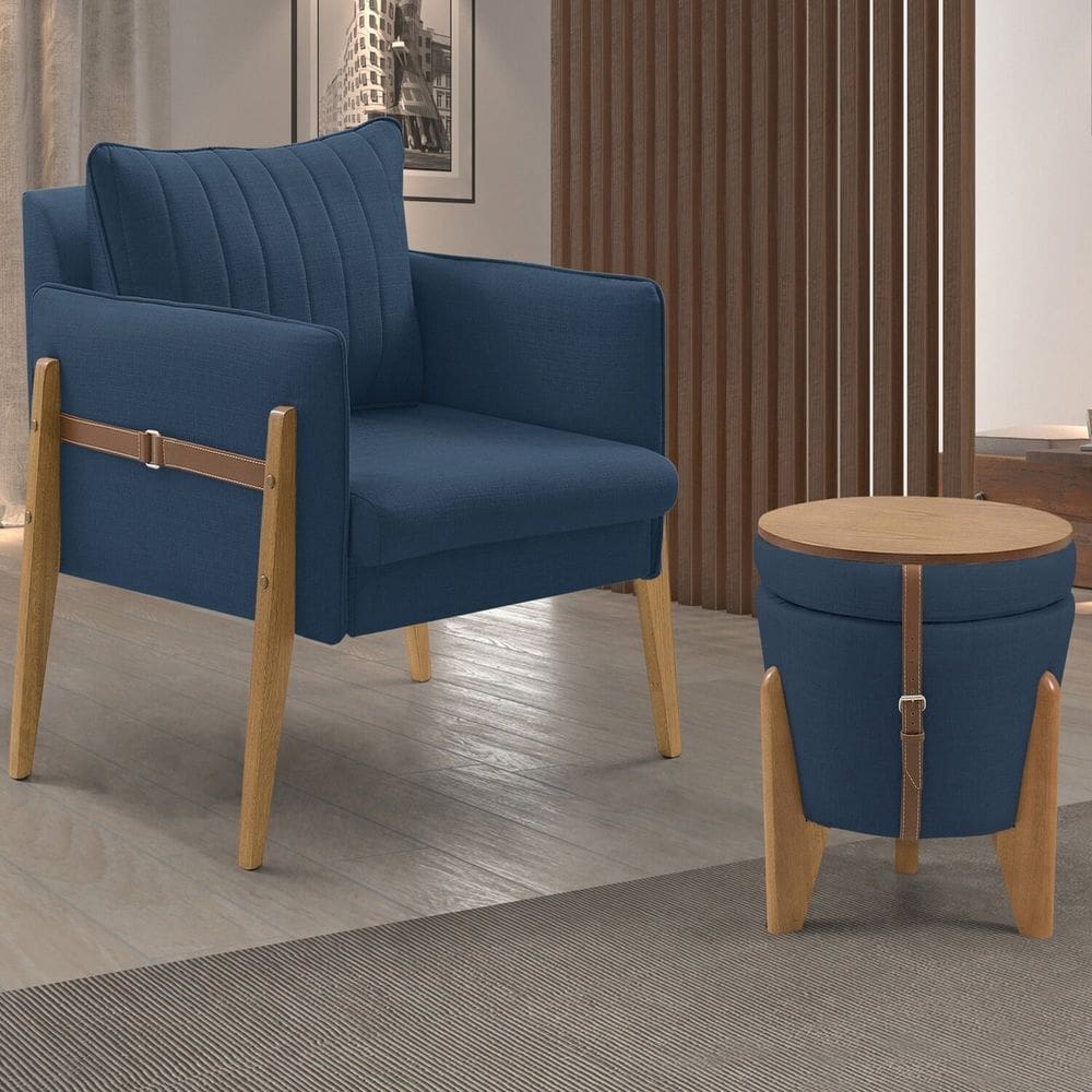 Conjunto para Sala de Estar com Poltrona e Puff Orion Veludo Azul Marinho