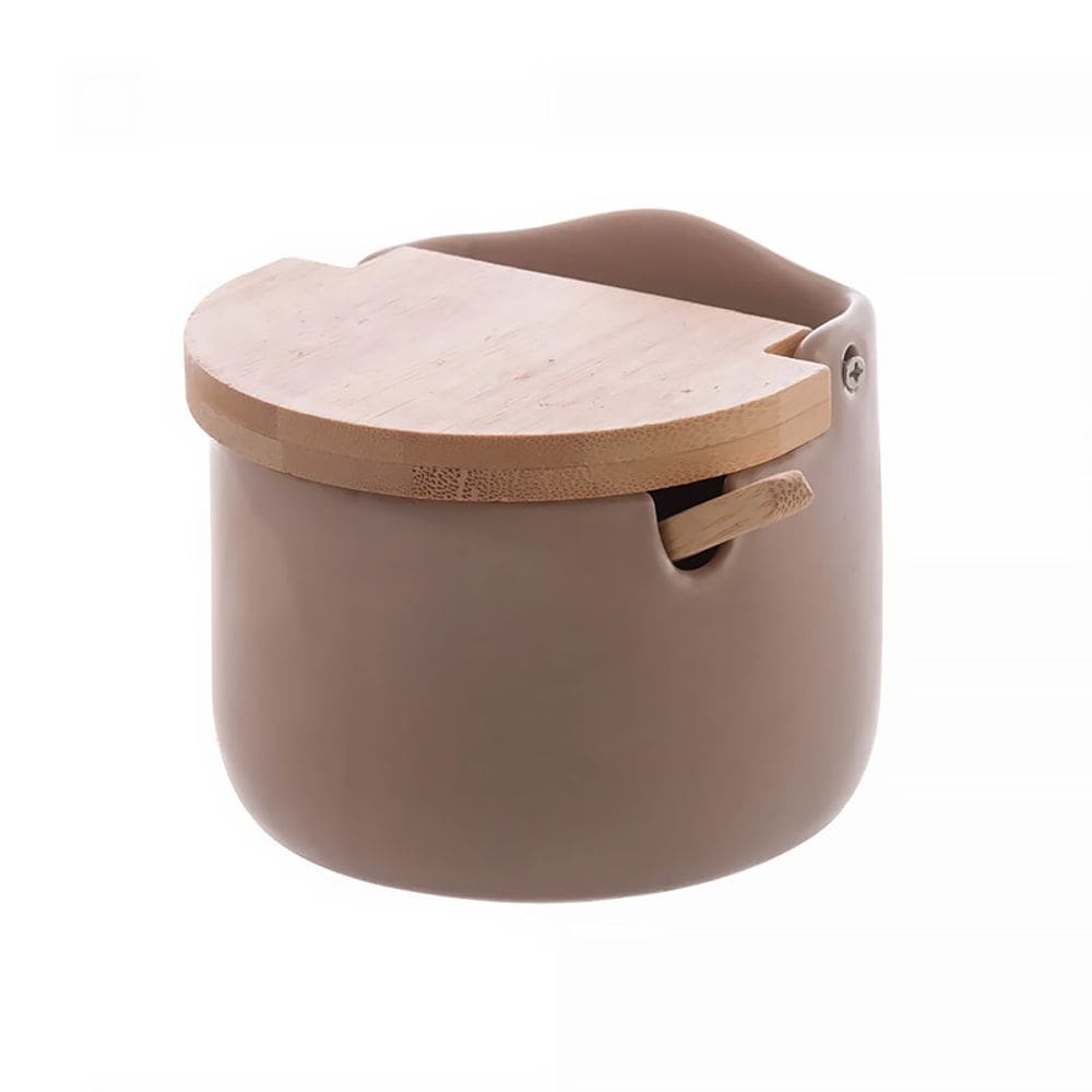 Saleiro de Cerâmica com Tampa e Colher de Bambu Areia 10x9,5cm 18031 - Wolff