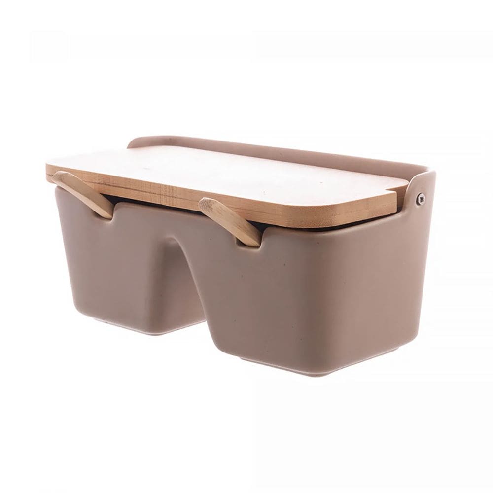 Saleiro de Cerâmica 2 Divisórias com Tampa e Colher de Bambu Areia 8,5x19x9,5cm 18039 - Wolff