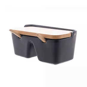 Saleiro de Cerâmica 2 Divisórias com Tampa e Colher de Bambu Azul Escuro 8,5x19x9,5cm 18040 - Wolff