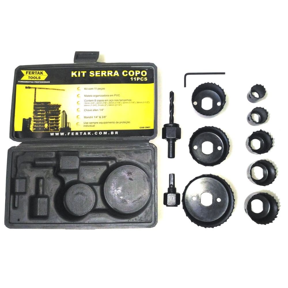 Serra copo para madeira kit com 11 pcs maleta fertak