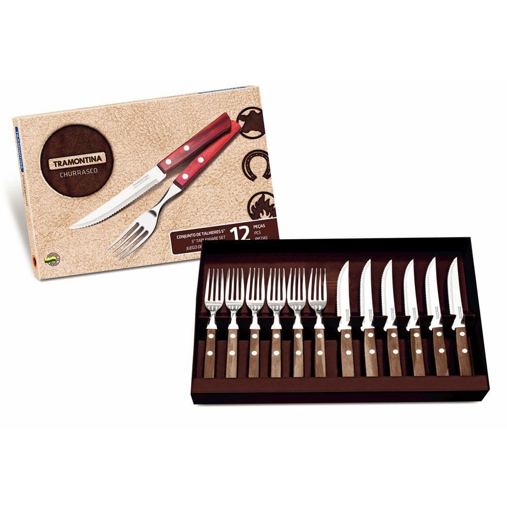 Conjunto para Churrasco Aço Inox e Madeira 12 Peças