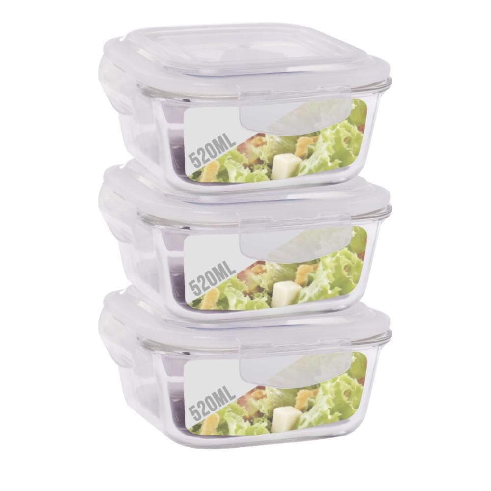 Conjunto 3 Potes Vidro Hermético Tampa Mantimentos 520ml