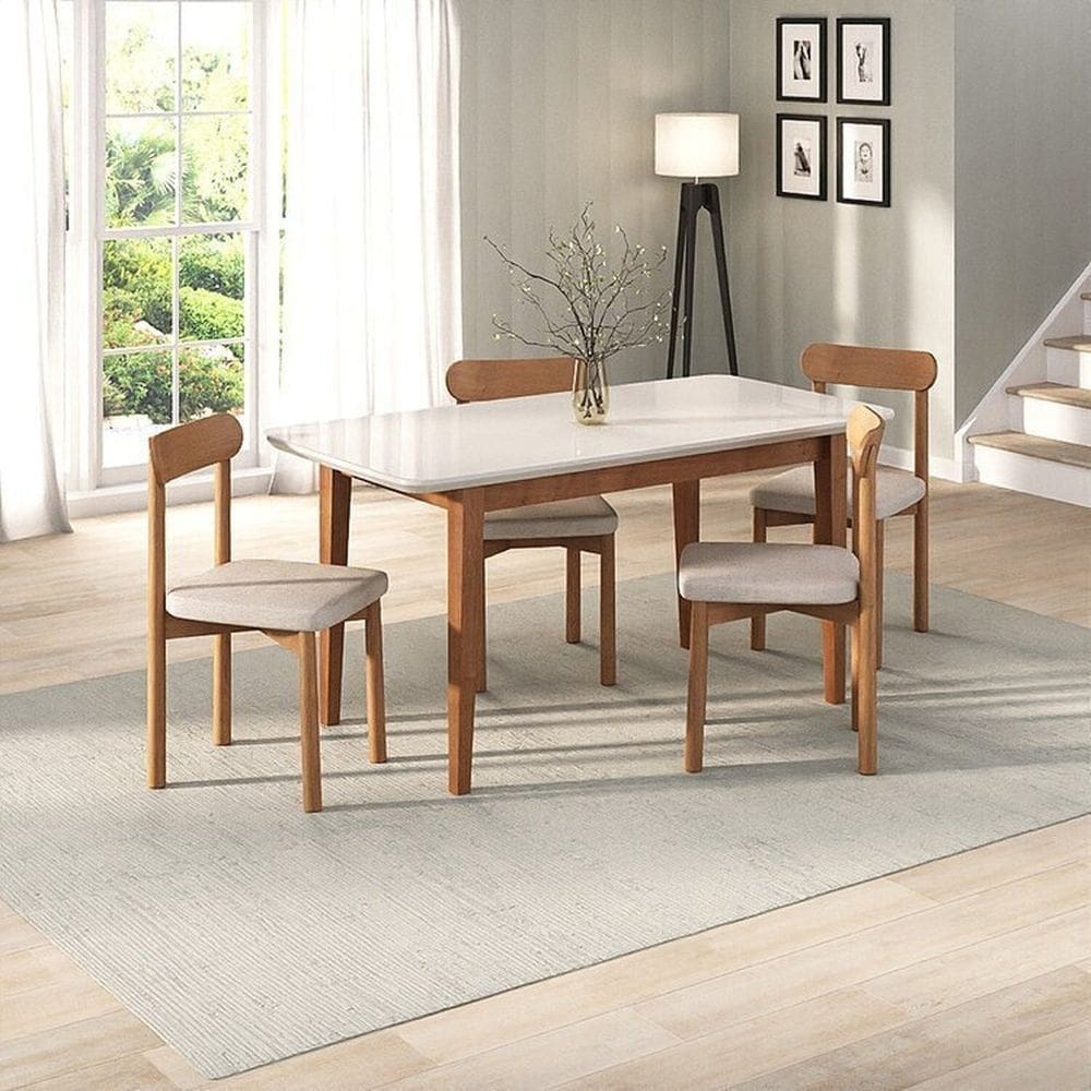 Kit Mesa de Jantar Tangará 160cm e 4 Cadeiras Pitanga Cabecasa Madeiramadeira Caramelo/Offwhite/Cinza