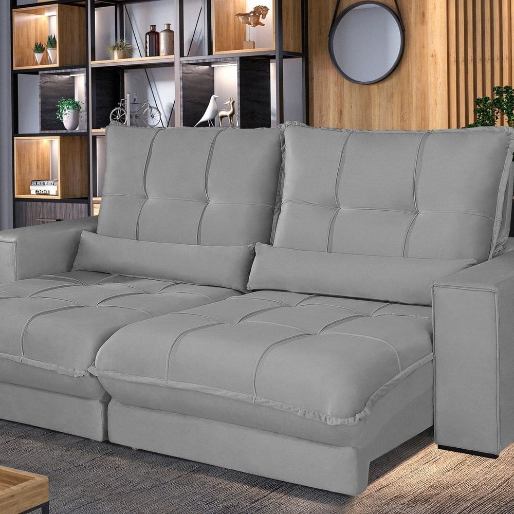 Sofá Retrátil e Reclinável Thor - Molas Ensacadas 290 cm – Veludo Cinza Prata