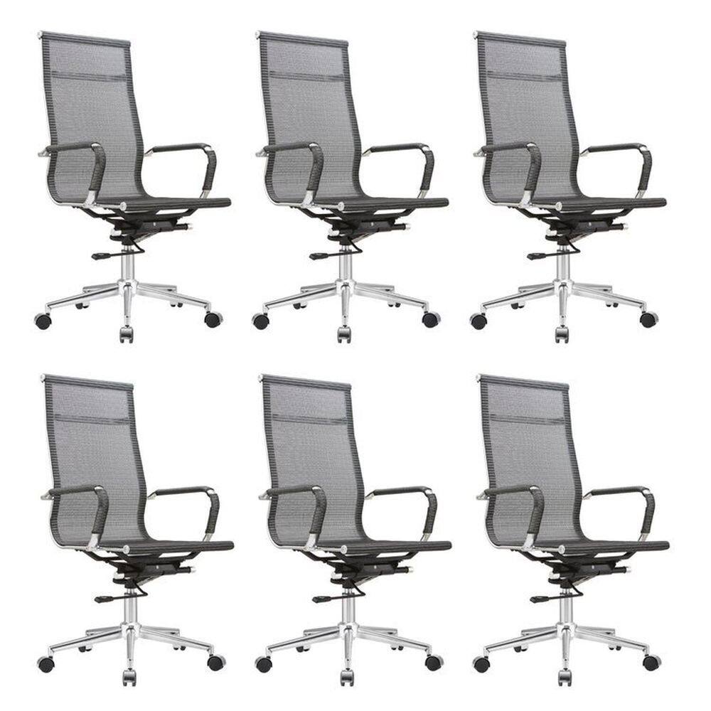 Kit 6 Cadeiras para Escritório Presidente Giratória Aço Cromado Sidney Cinza
