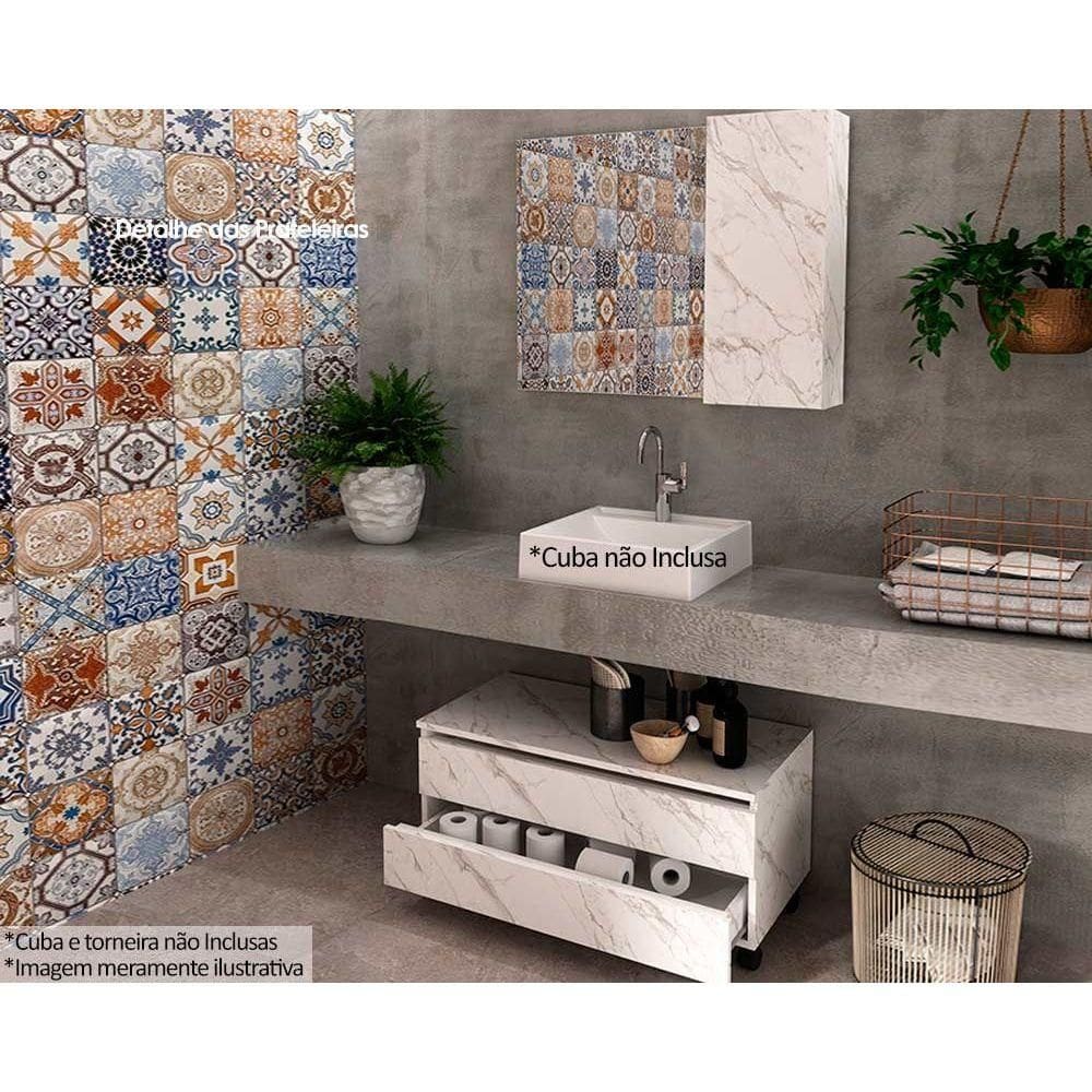 Conjunto de Banheiro Balcão c/ Rodizios BN3603 s/ Cuba 80cm e Armário c/ Espelho BN3602 cor Mármore Branco - Tecno Mobili