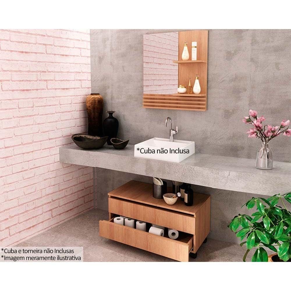 Conjunto de Banheiro Balcão c/ Rodizios BN3603 s/ Cuba 80cm e Armário c/ Espelho BN3614 Amêndoa - Tecno Mobili