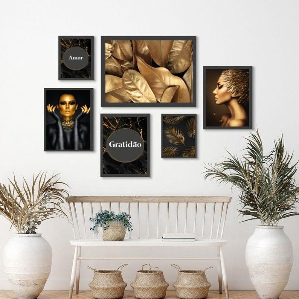 Kit 6 Quadros Pretos com Dourados Mármore - Vidro