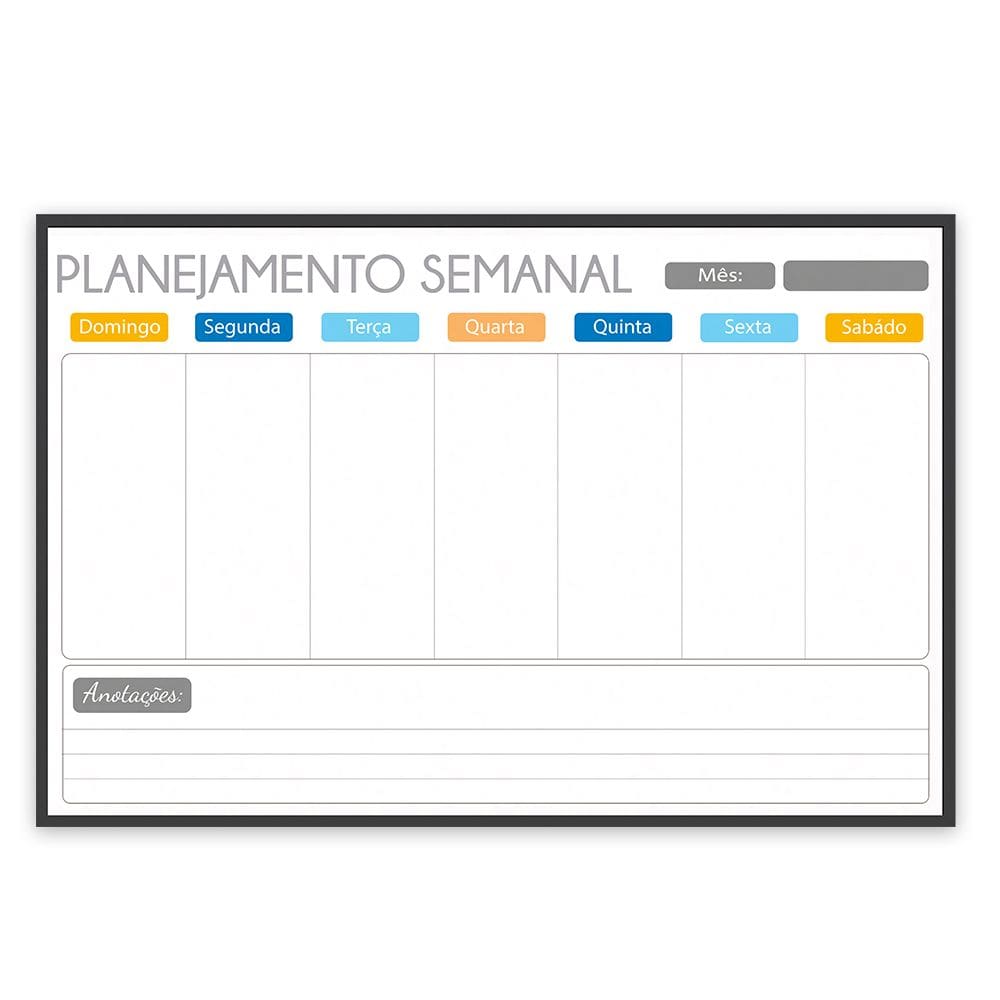 Quadro Planner 60x40 cm Semanal Light e Mensal Gray Moldura Madeira Preto