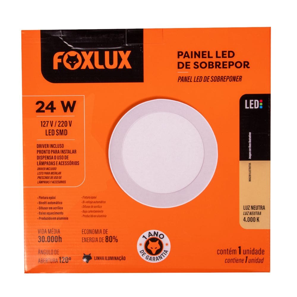 Painel Led Redondo Sobrepor 24W 4000K Bivolt Foxlux