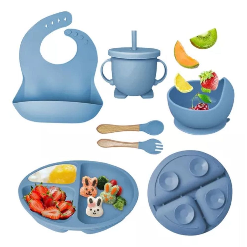 Conjunto de Refeição Infantil em Silicone - Prato, Tigela, Copo, Talheres e Babador Coloridos e Seguros