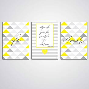 Quadro Decorativo 3 Peças Fé Amor Amarelo