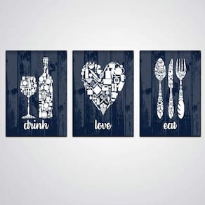 Quadros Cozinha 3 Peças Drink, Love, Eat Decorativa
